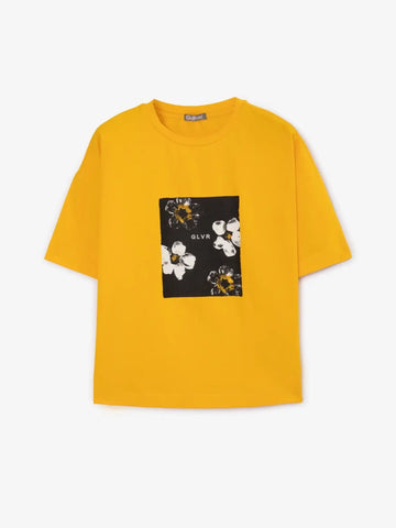 Тениска овърсайз с десен жълта за момиче на Gulliver