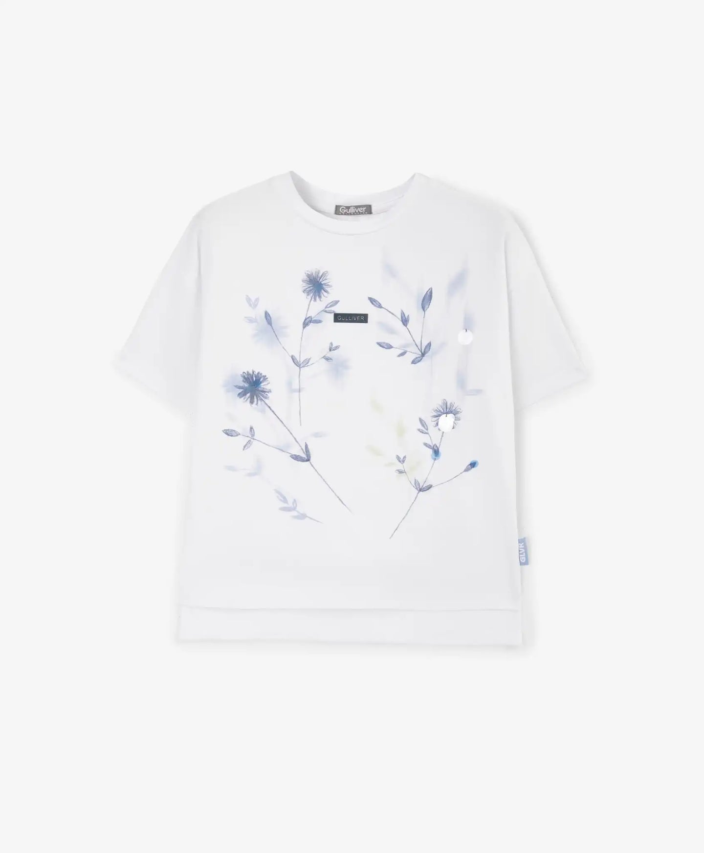 Тениска за момиче с флорален принт и декорация от пайети бяла Gulliver