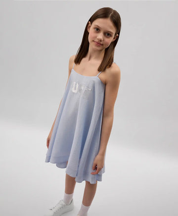 Детски син сарафан с трапецовиден силует от батиста с декорация от пайети - Gulliver