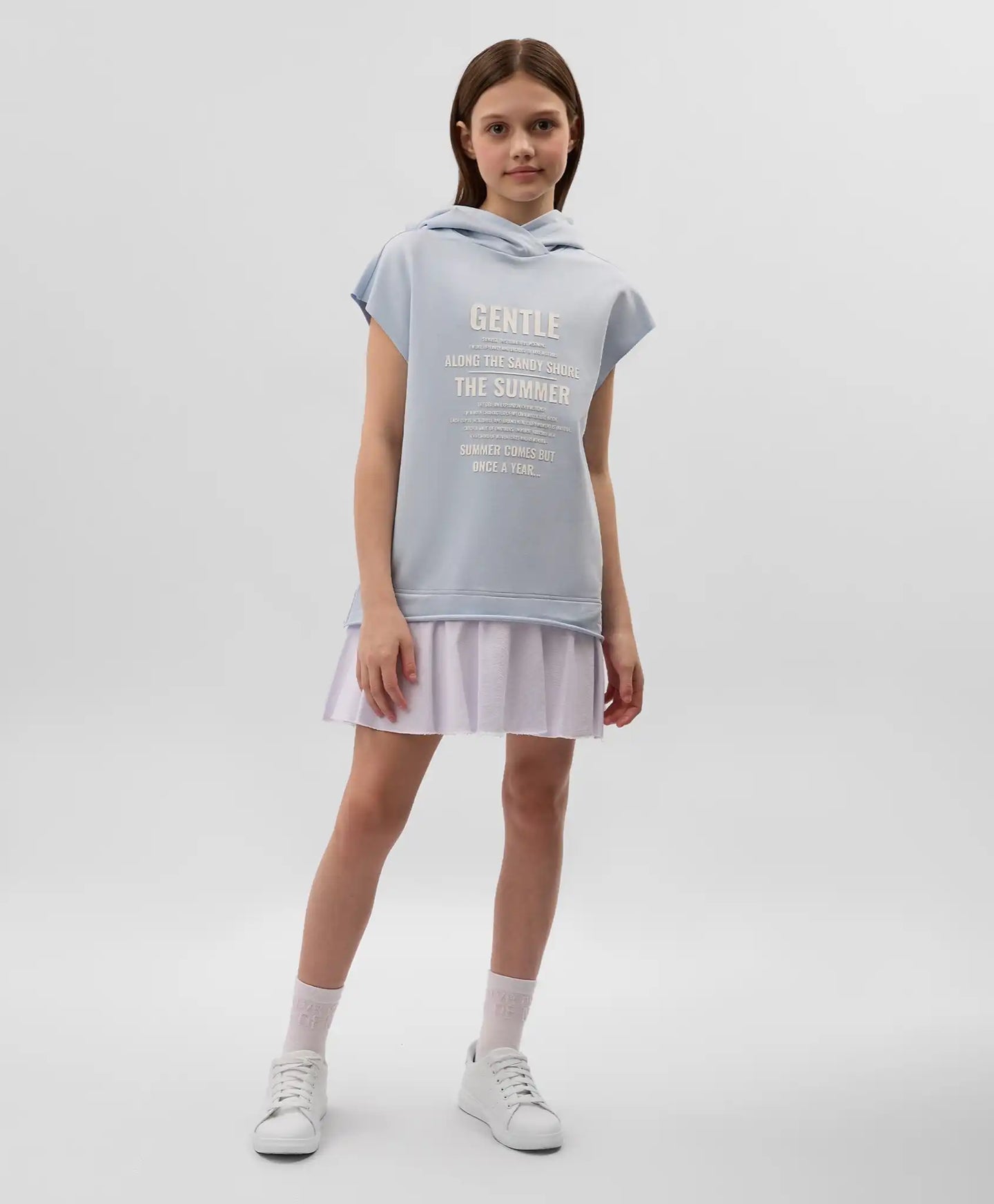 Детска трикотажна рокля с качулка, права свободна кройка, без ръкави, синя Gulliver