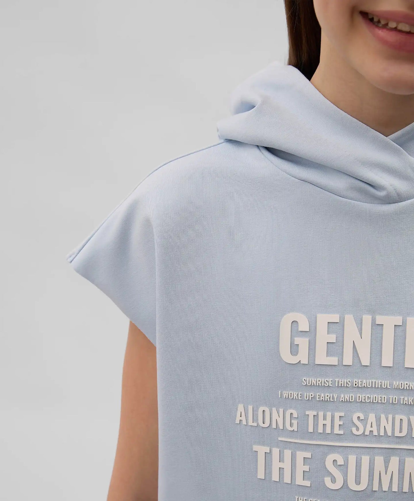 Детска трикотажна рокля с качулка, права свободна кройка, без ръкави, синя Gulliver