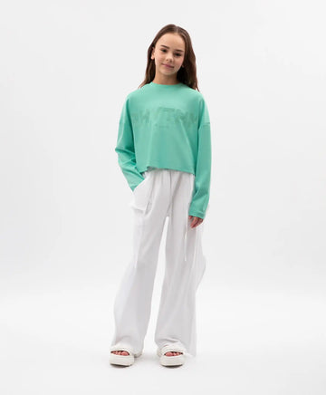 Панталони тип „труби“ за момиче от трико с подвижни детайли бели Gulliver