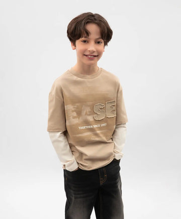 Лонгслив за момче с имитация на многослойност бежов Gulliver