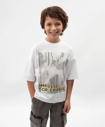 Тениска за момче с принт оверсайз бяла Gulliver