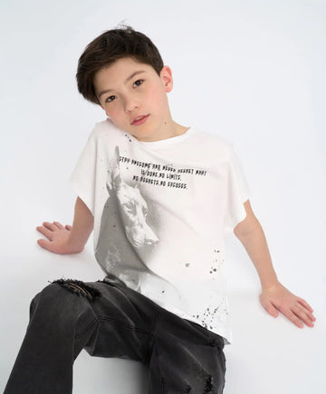 Тениска с къс ръкав за момче бяла с принт Button Blue