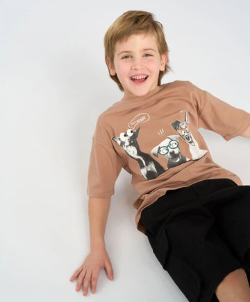 Тениска с къс ръкав за момче оверсайз кафява с принт Button Blue