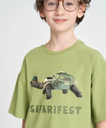 Тениска с къс ръкав за момче оверсайз зелена с принт Button Blue