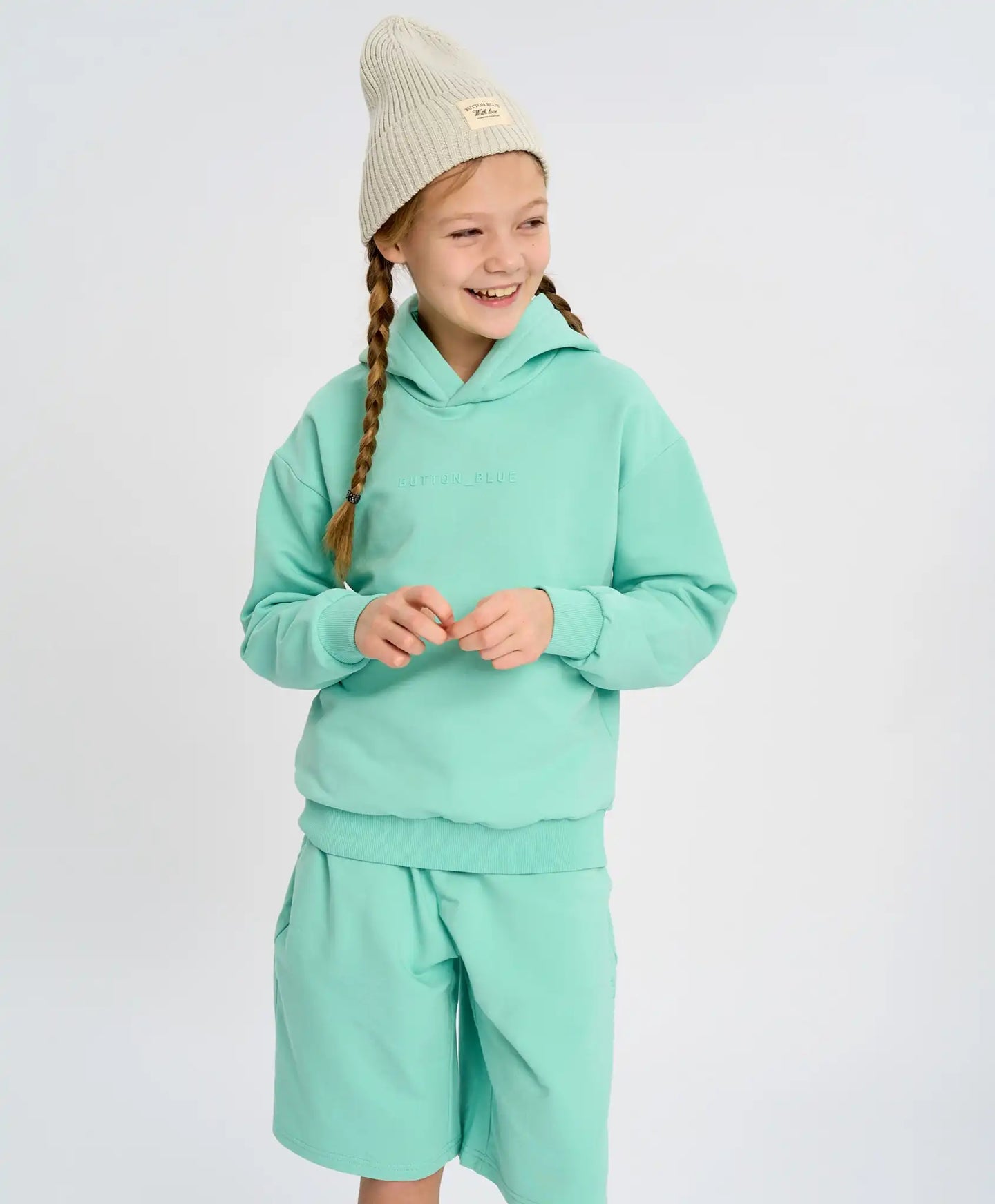 Базово детско худи с качулка зелено утеплено Button Blue