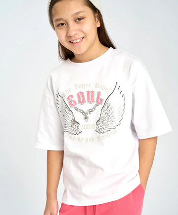 Тениска с къс ръкав за момиче бяла оверсайз с принт Button Blue