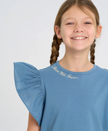 Тениска с ръкави-крилца за момиче синя Button Blue