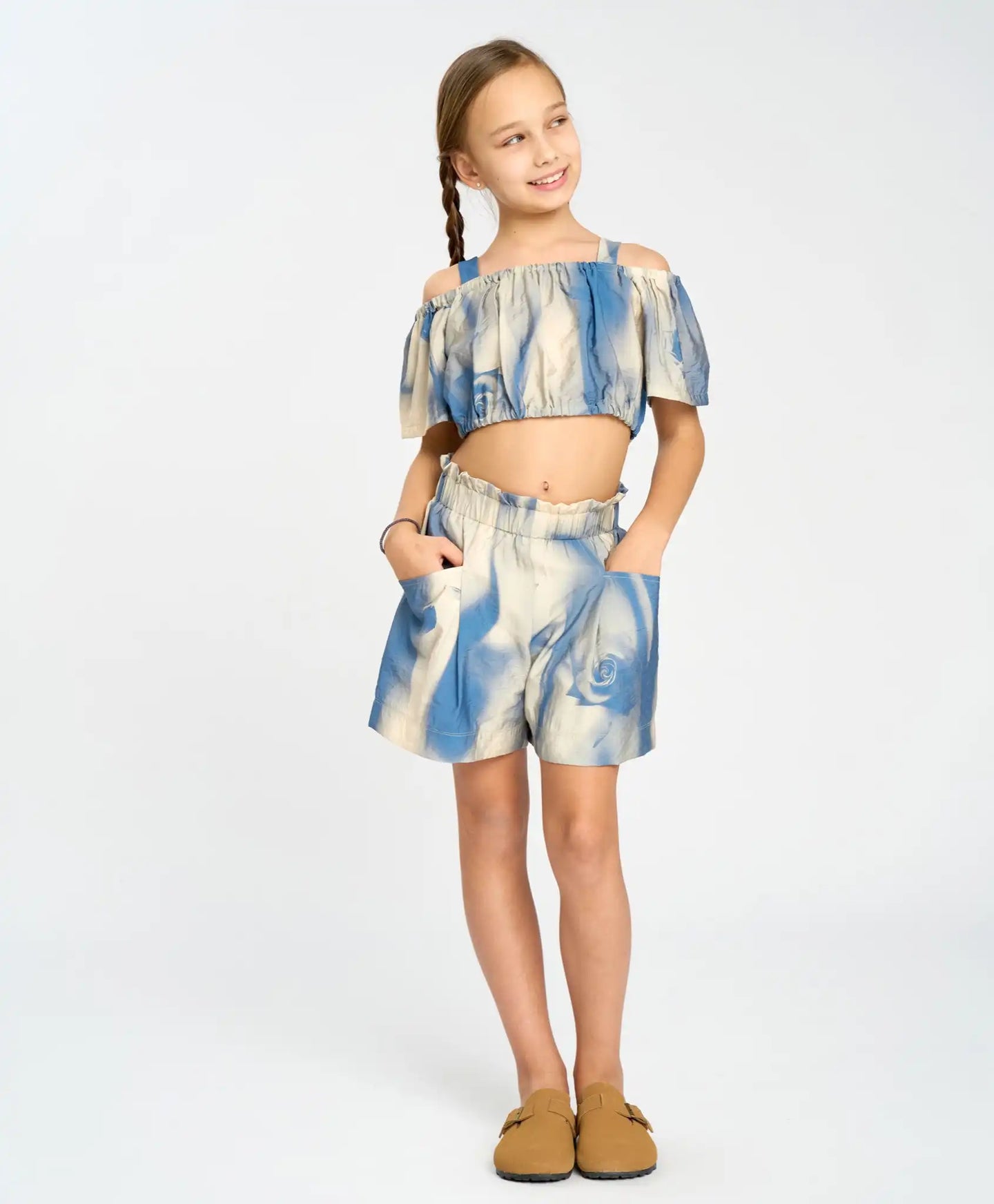 Топ за момиче с регулируеми презрамки и драпирани ръкави мултиколор Button Blue