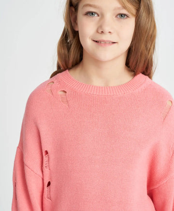 Джемпър за момиче коралов с рван ефект оверсайз Button Blue