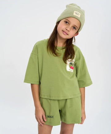 Кроп топ тениска за момиче зелена оверсайз с принт Button Blue