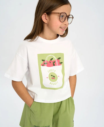 Тениска с къс ръкав за момиче бяла оверсайз с принт Button Blue