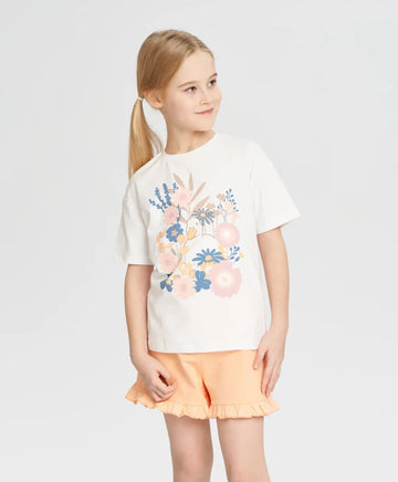 Тениска за момиче бяла с къс ръкав и принт Button Blue