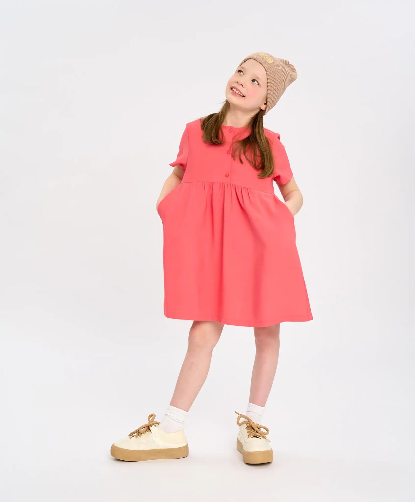 Рокля с къс ръкав за момиче коралова с джобове Button Blue