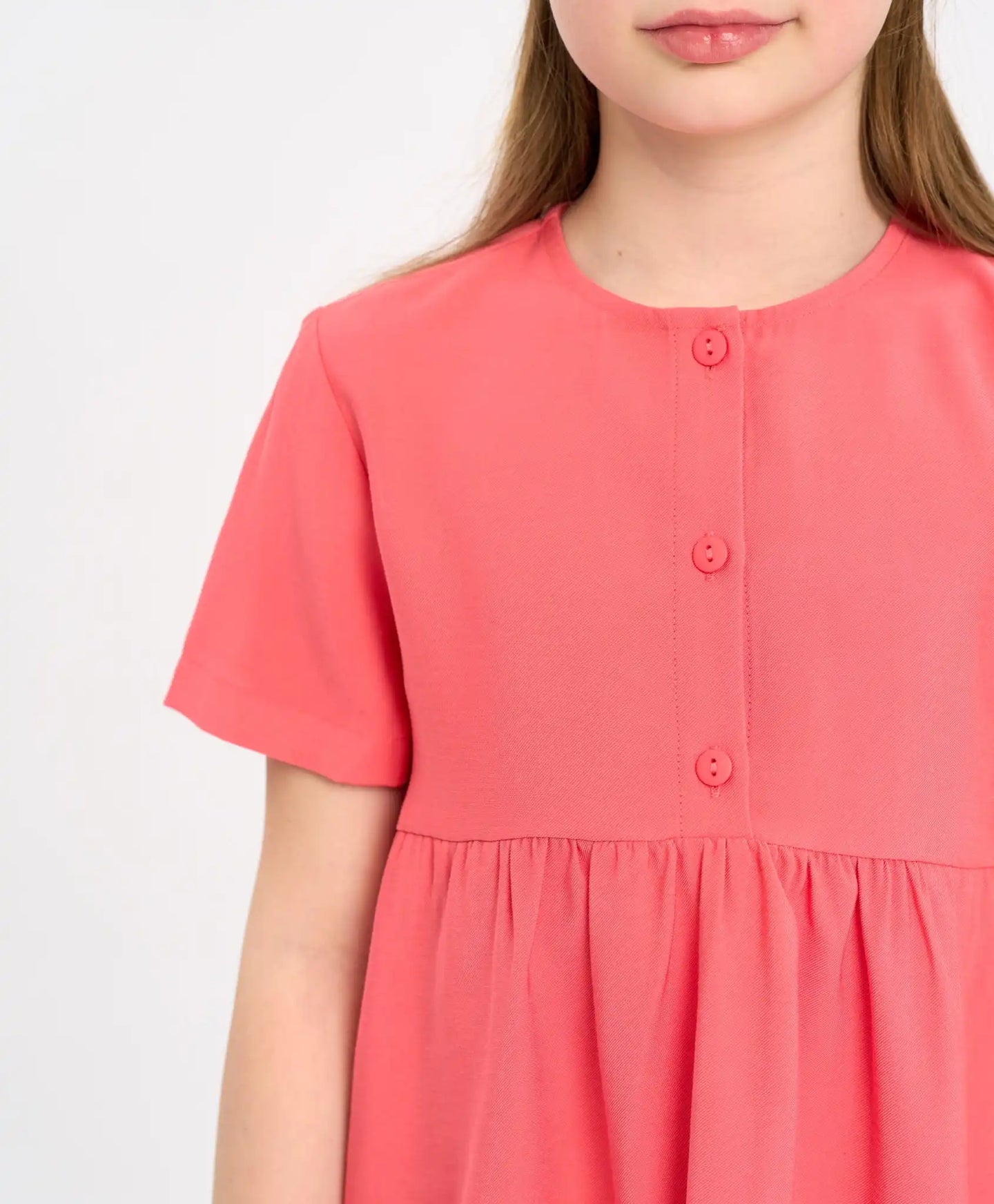 Рокля с къс ръкав за момиче коралова с джобове Button Blue
