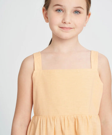 Ленен сарафан с тънки презрамки за момиче оранжев с панделка Button Blue