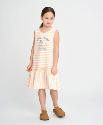 Сарафан за момиче с къс ръкав на райета и с принт мултиколор Button Blue