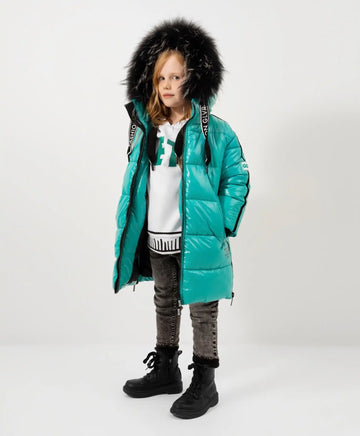 Зимно палто от лъскав дъждобран с цип отстрани тюркоазен Gulliver