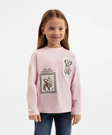 Лонгслив с изразителна декорация розов за момиче Gulliver