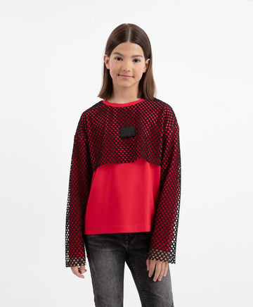 Трикотажен лонгслив с мрежа червен за момиче Gulliver