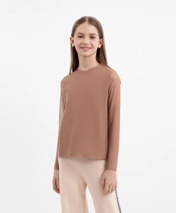 Лонгслив от трикотаж и мрежа комбиниран кафяв за момиче Gulliver