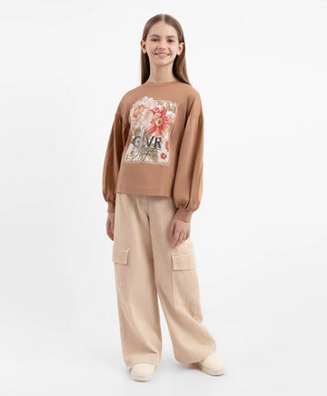 Кадифени панталони с карго джобове бежови за момиче Gulliver