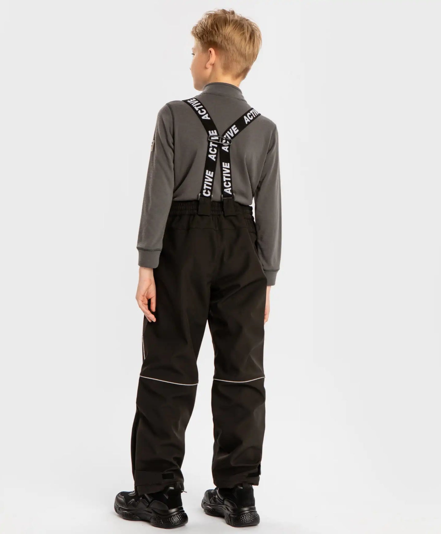 Панталони междинен сезон Softshell със свалящи се тиранти черни детски Button Blue