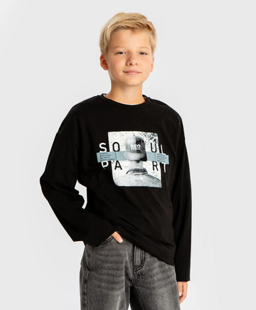 Лонгслив с принт черен за момче Button Blue