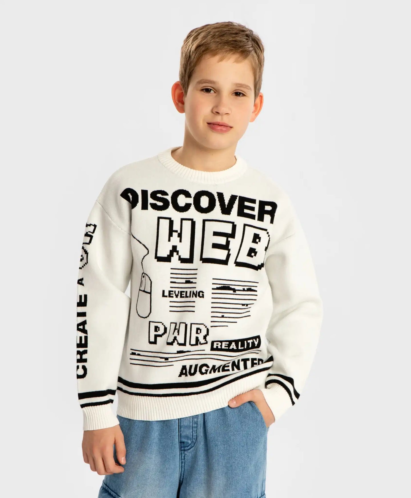 Пуловер с жакардов принт на компютърна тематика кремав за момче Button Blue