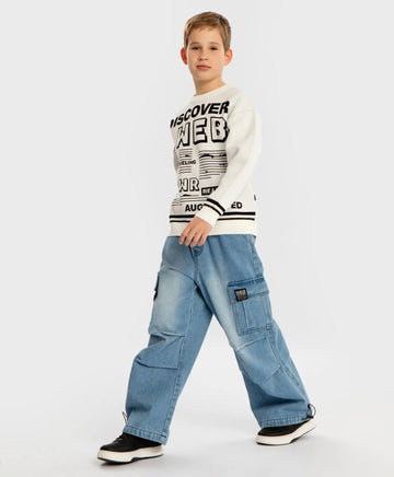 Дънки широки Antifit с четири джоба сини детски Button Blue