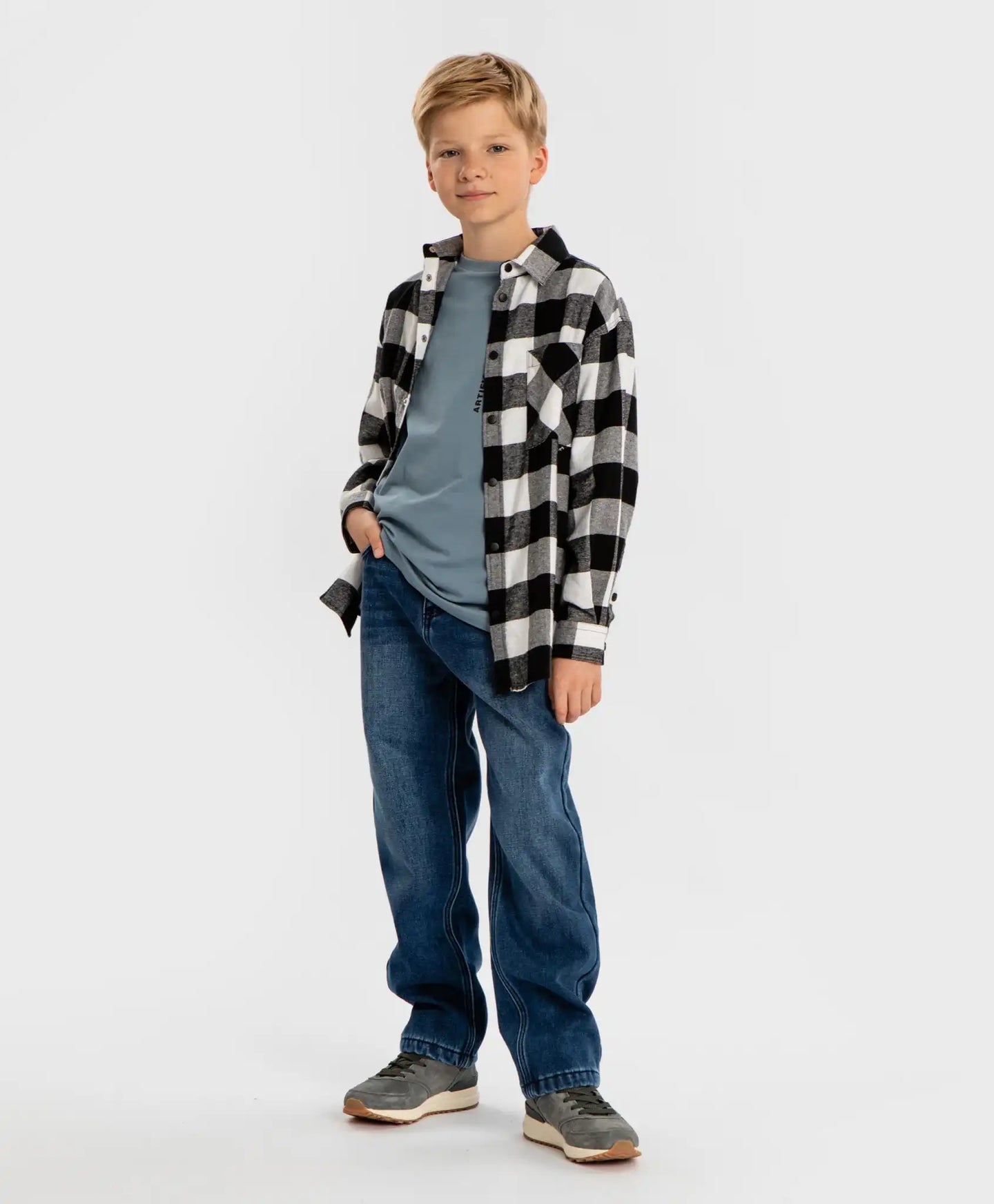 Дънки подплатени прави Regular fit с ефект на изтъркване сини детски Button Blue