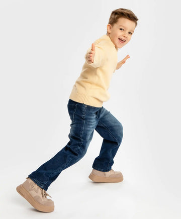 Дънки подплатени прави с ефект на изтъркване сини детски Button Blue