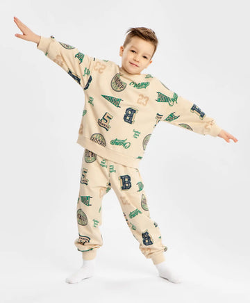 Пижама с джогъри и суитшърт с принт бежова за момче Button Blue