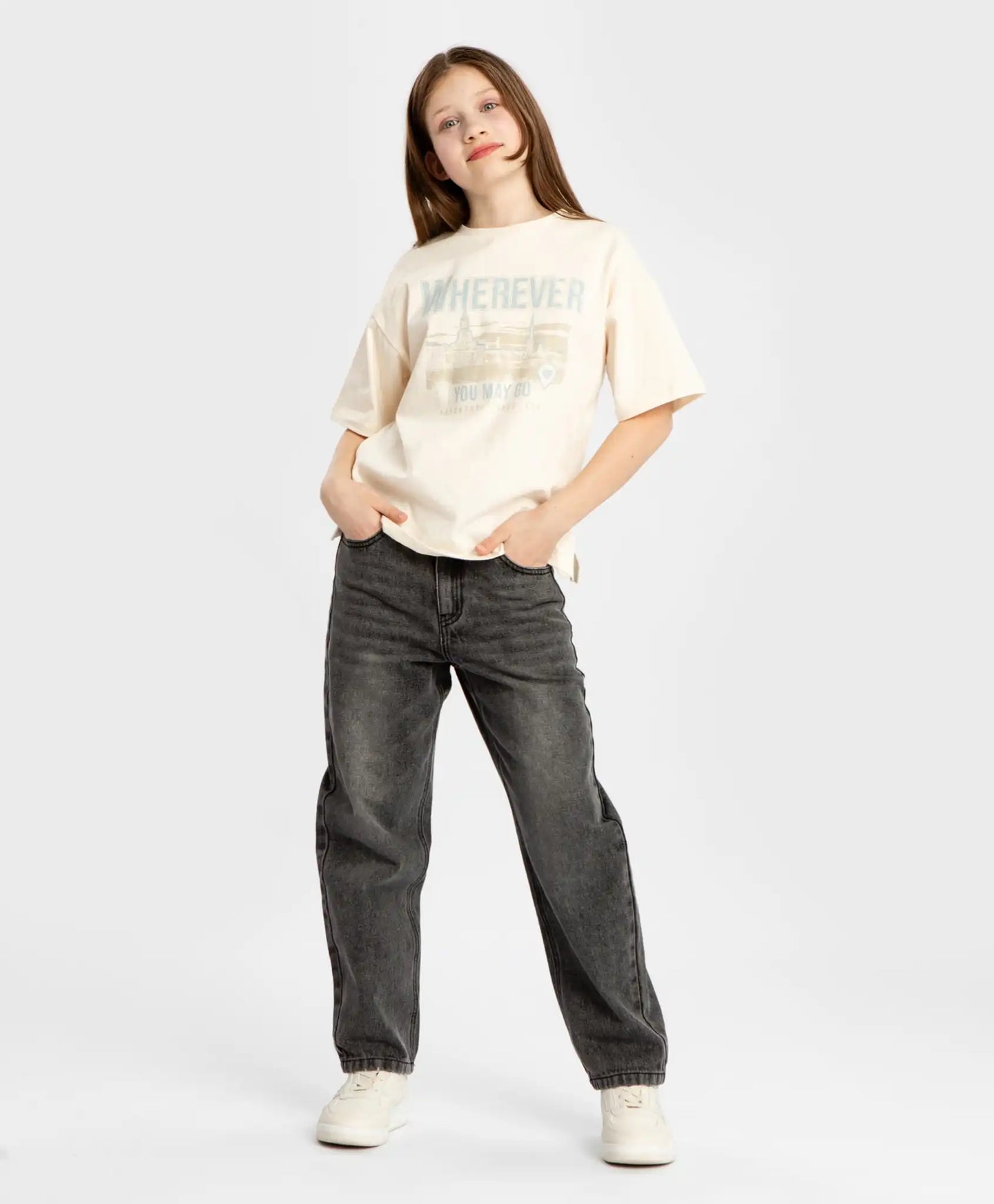 Тениска с къс ръкав и принт кремава за момиче Button Blue