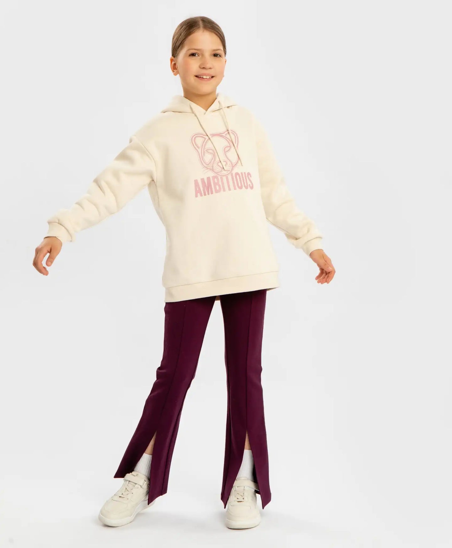 Суитшърт с вълнен флис и качулка кремав за момиче Button Blue