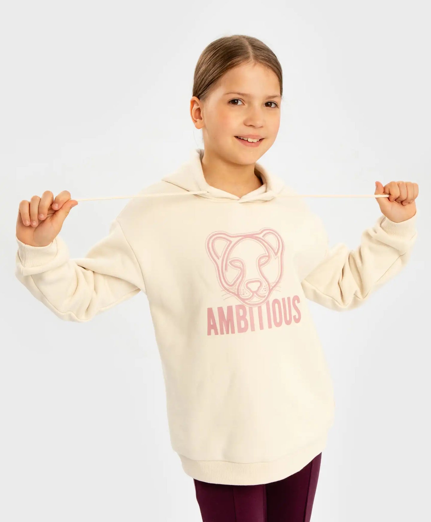 Суитшърт с вълнен флис и качулка кремав за момиче Button Blue