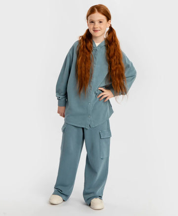 Худи оверсайз с копчета, качулка и ефект на изтъркване синьо детско Button Blue