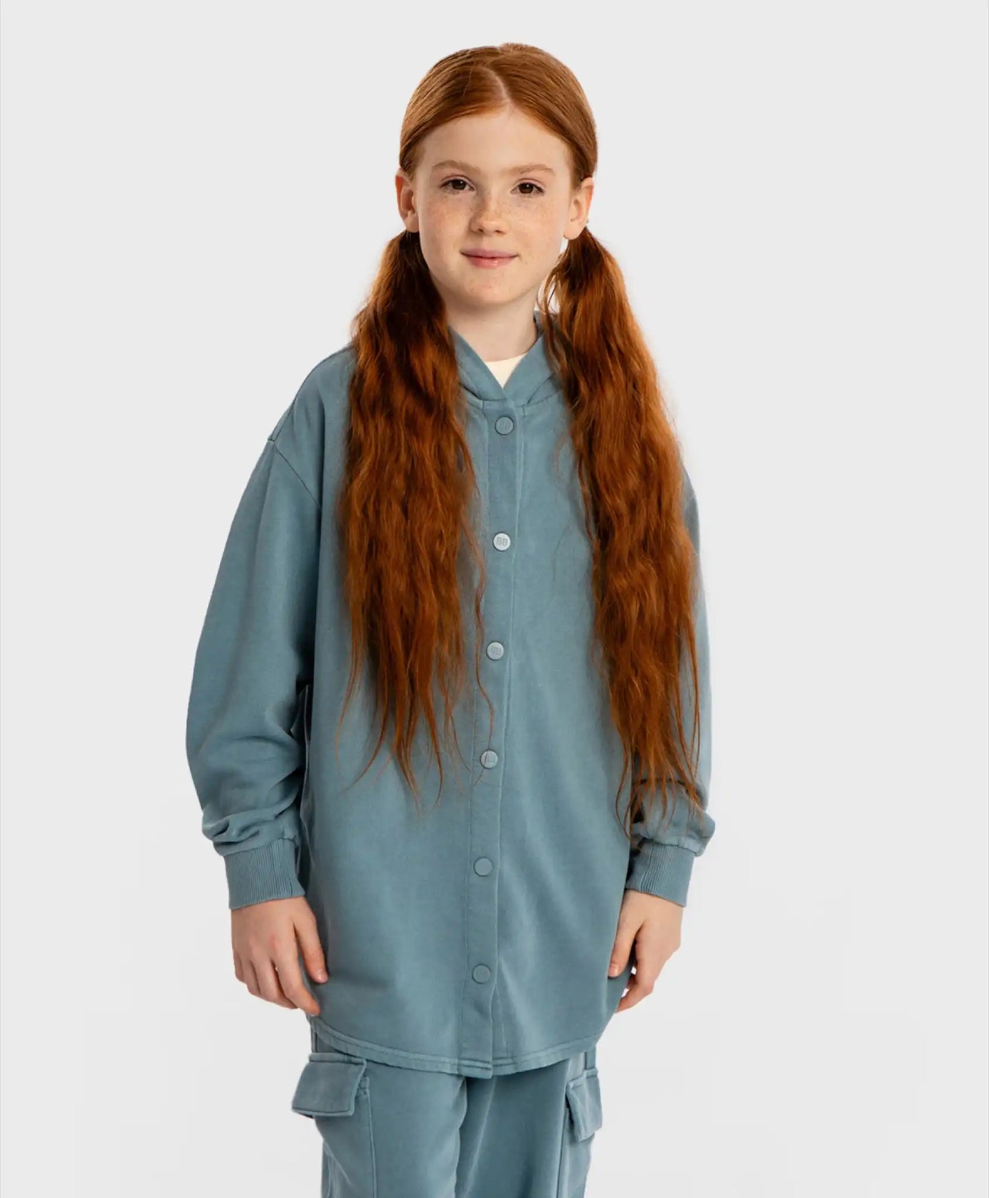 Худи оверсайз с копчета, качулка и ефект на изтъркване синьо детско Button Blue