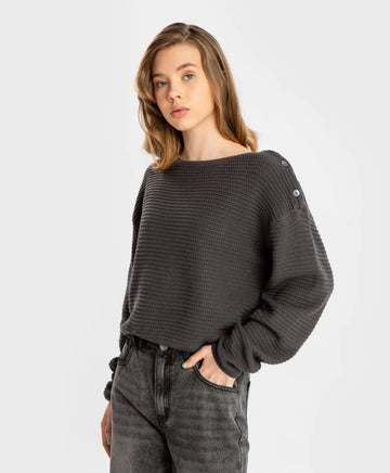 Пуловер дълъг плетен сив за момиче Button Blue