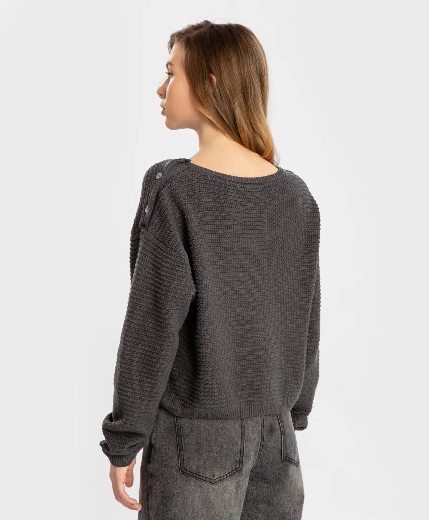 Пуловер дълъг плетен сив за момиче Button Blue