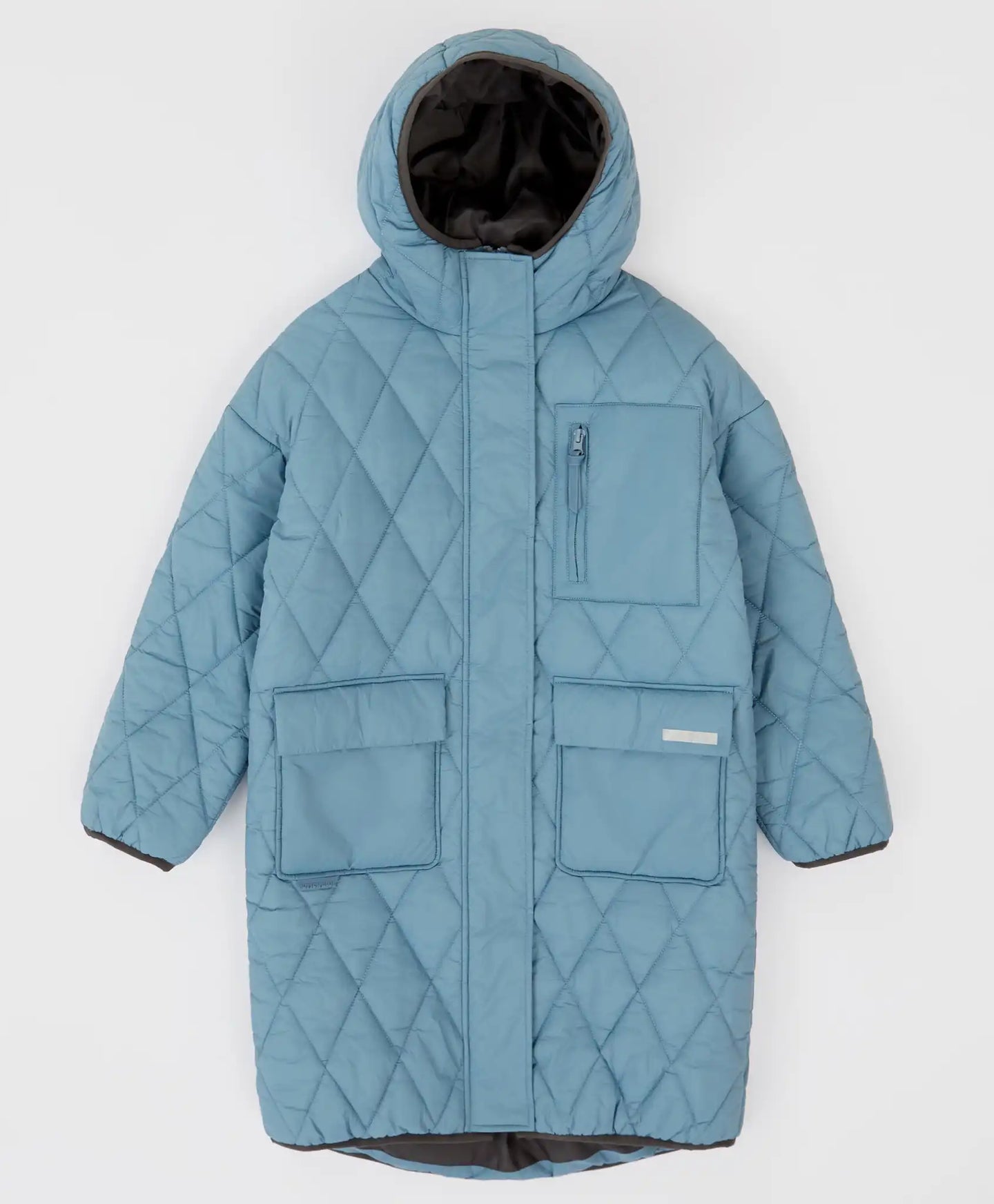 Палто междинен сезон капитонирано с качулка и големи джобове синьо за момиче Button Blue