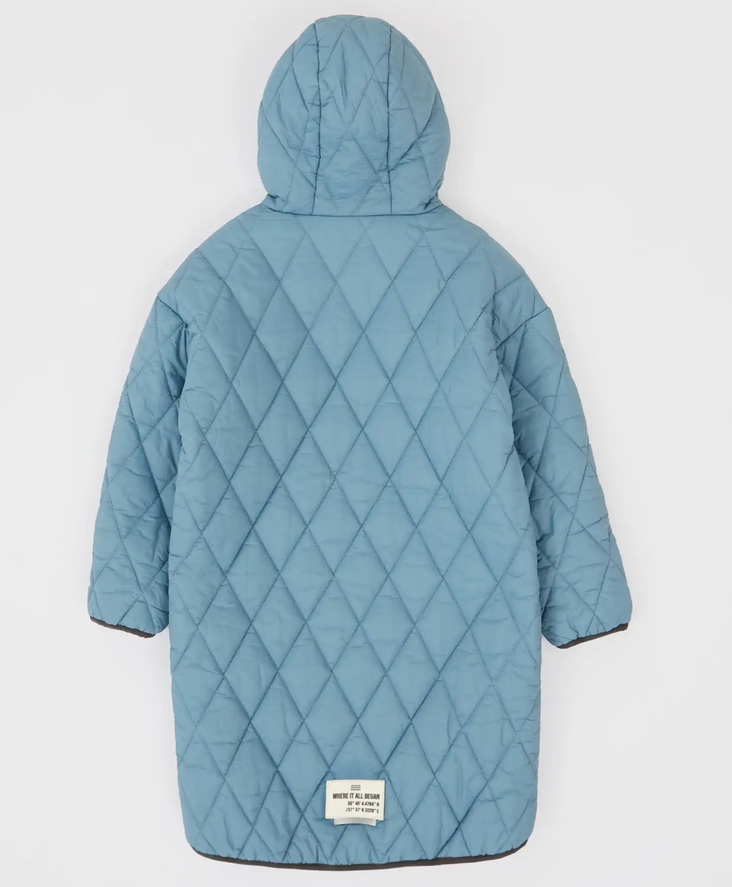 Палто междинен сезон капитонирано с качулка и големи джобове синьо за момиче Button Blue