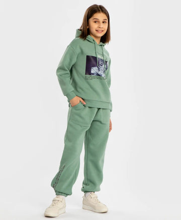 Джогъри подплатени с ластичен колан и принт зелени за момиче Button Blue