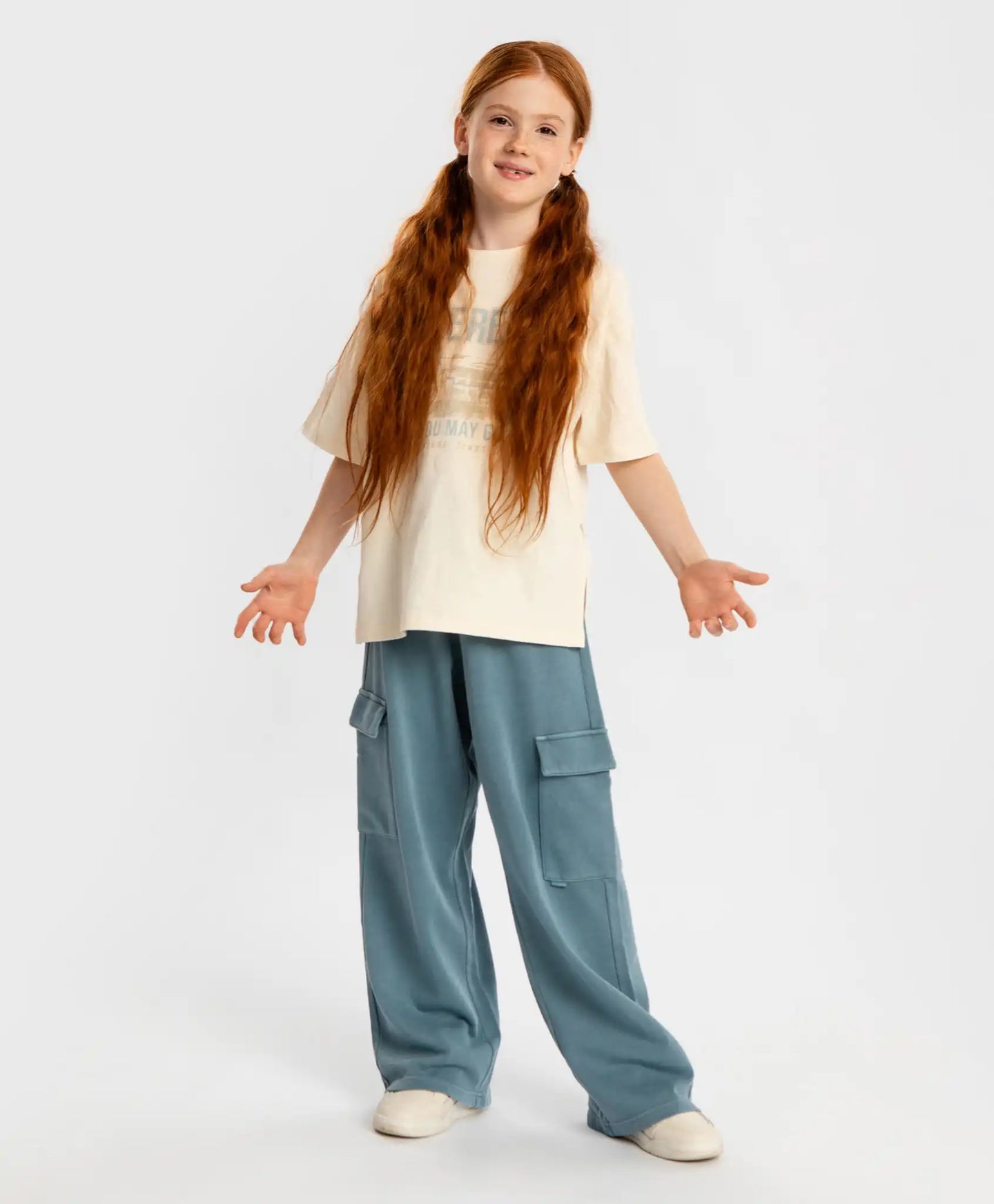 Панталони карго широки с ластичен колан и ефект на изтъркване сини детски Button Blue