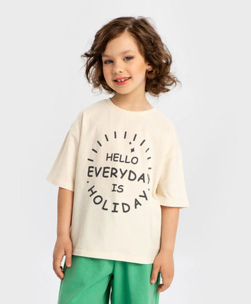 Тениска с къс ръкав и мек принт бежова за момиче Button Blue