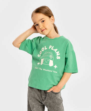 Тениска с къс ръкав и принт зелена за момиче Button Blue