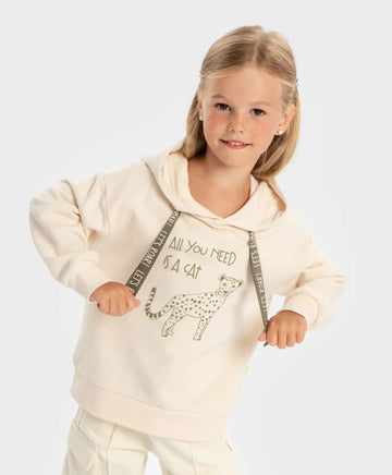 Худи с качулка и принт кремаво за момиче Button Blue