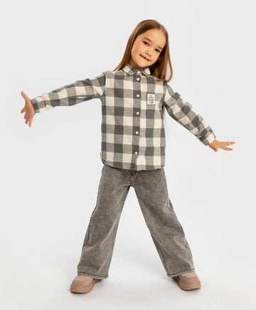 Риза с копчета, фланелена, на каре с откопчана яка сива за момиче Button Blue